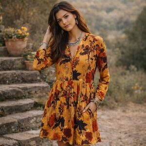 Peruvian Connection Women's Brown Floral Dress Pleated size Small